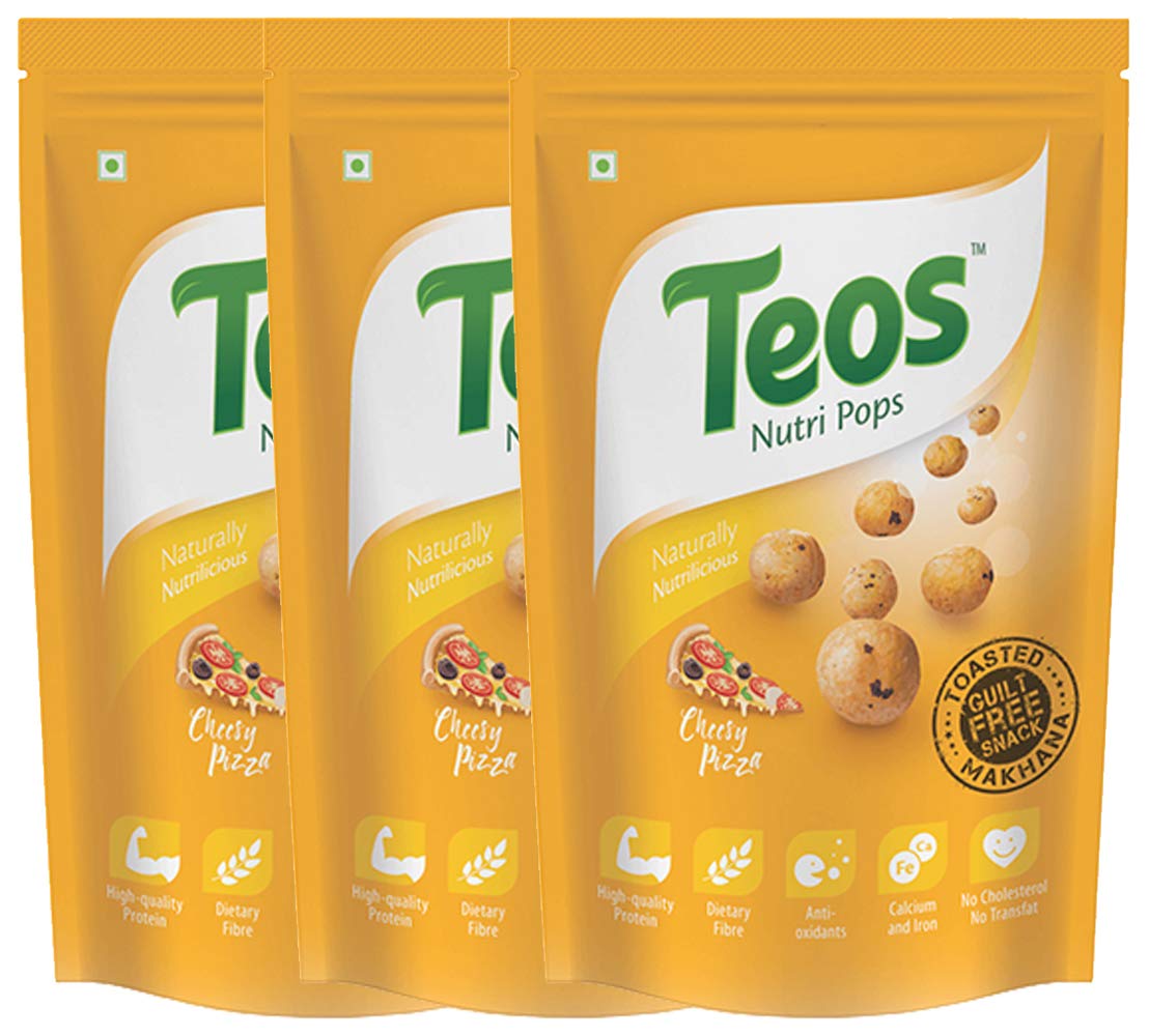 Teos Nutri Pops Roasted Makhana Snacks, Cheesy Pizza, Tasty, Healthy & Crispy Munchies, Pack of 3, 195 g.