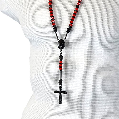 Mens Hip Hop 8mm Black w/Red Tone 32" Glass Beaded Chain Rosary Prayer Hand & Jesus Cross Necklace2