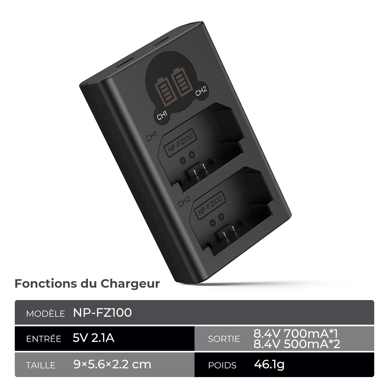 K&F CONCEPT NP-FZ100 Batterie Chargeur avec Double Emplacement et écran LCD, Chargeur Micro USB et Type-C pour Sony FX30, Alpha A7 III, A7R III (A7R3), A9, A6600, A7R IV, Alpha A9 II Camera Batteries