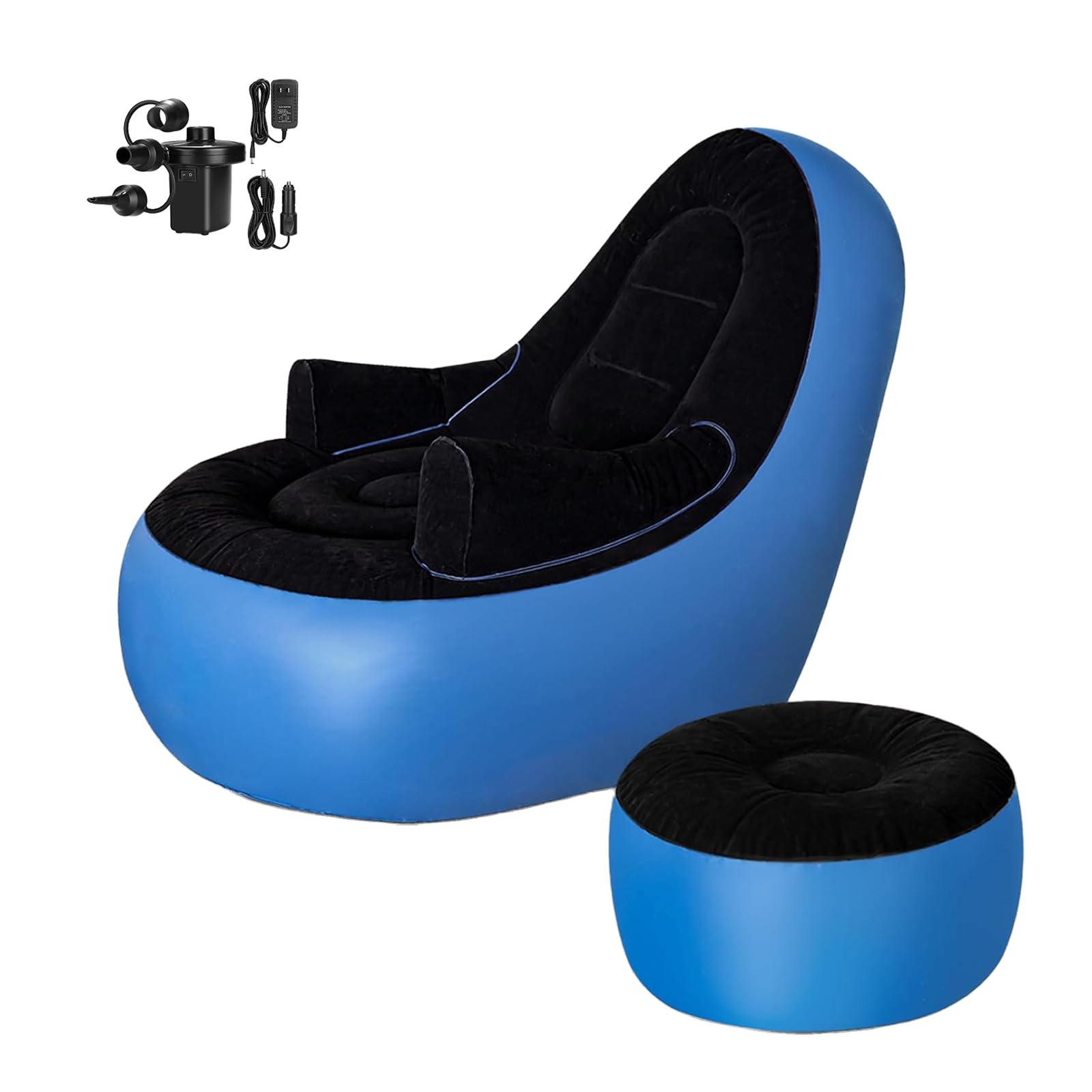 Inflatable Deck Chairs with Air Pump, Inflatable Patio Lounge Chairs for Indoor Living Room Bedroom, Outdoor Travel Camping Picnic Beach Chaise Lounges (Black Blue)