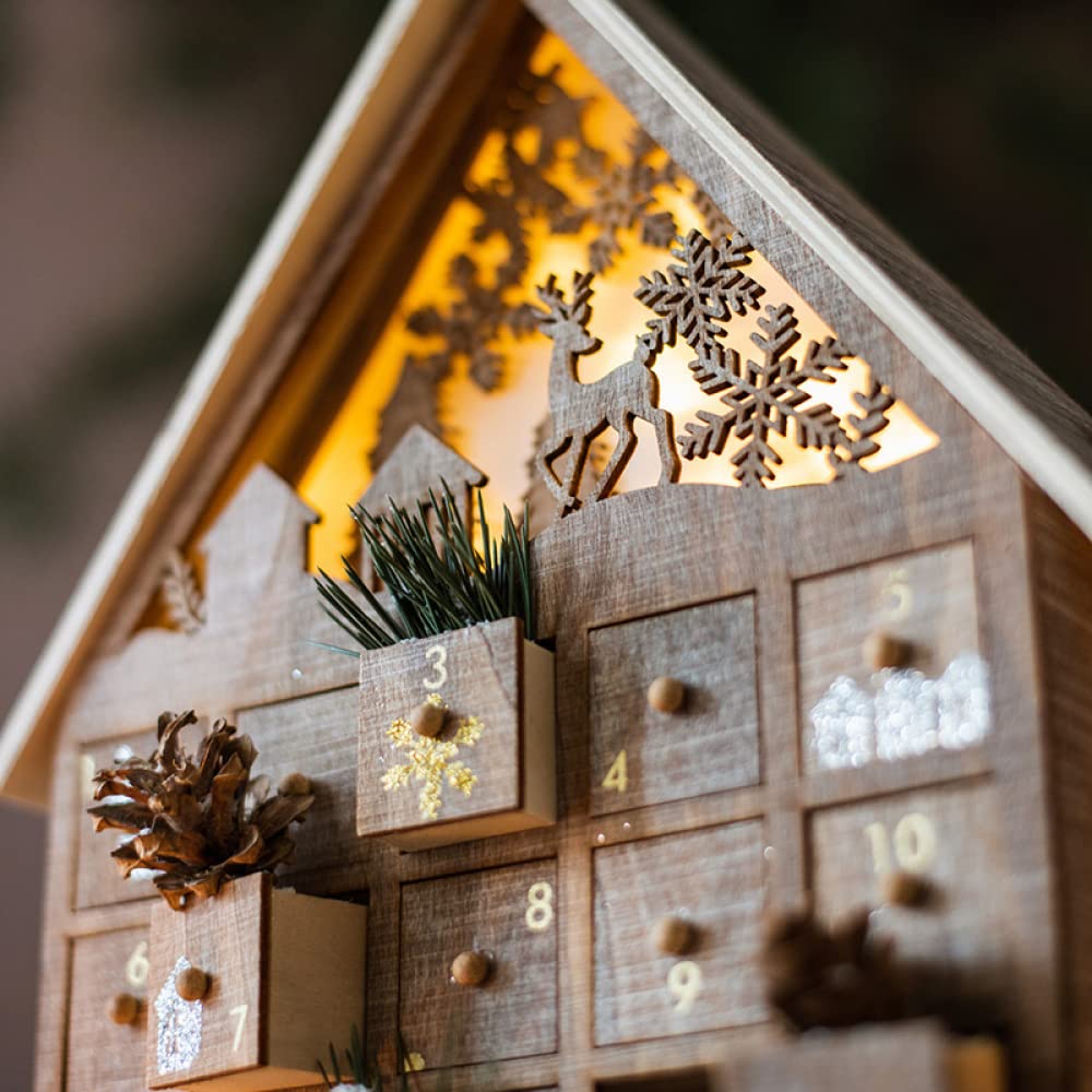 Siqi Countdown To Christmas Calendario de Adviento con luz led de madera, cajonera Candy House