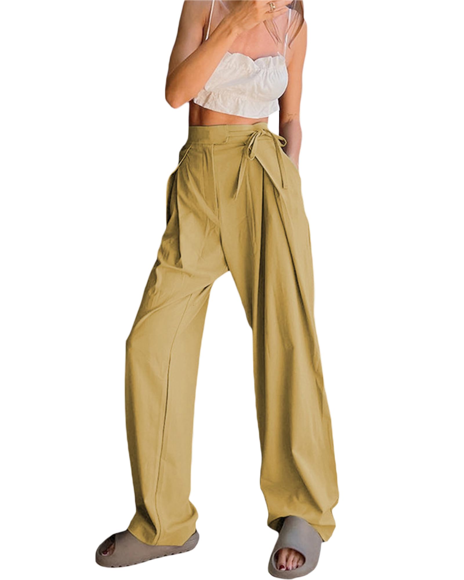 Owls-Yard Women s Palazzo Lounge Pants High Waist Solid Color Suit Pants Fall Trendy Loose Straight Leg Pants