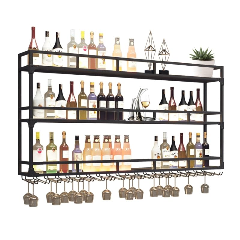 RAJYQODIS Botellero de Pared Industrial, Botellero de Metal con Portavasos 3 Niveles, estantes flotantes de la Unidad de Barra, decoración para el hogar, Bar (Noir, 100cm)