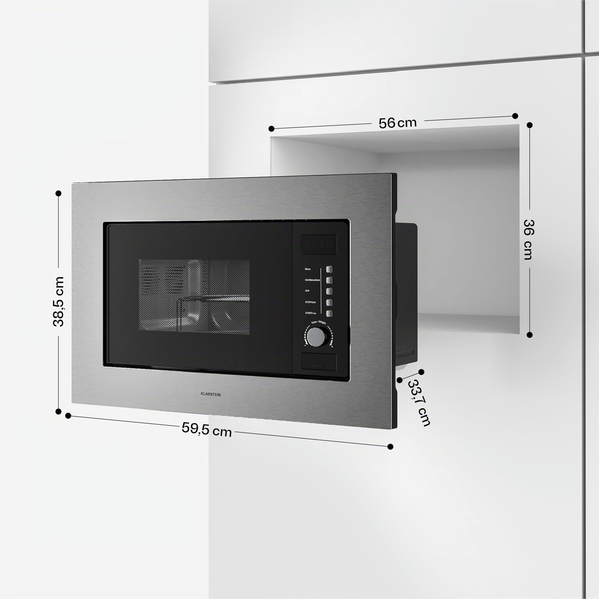 Klarstein Verosteel Microondas Empotrable con Grill – 20L, 700W, 8 Programas, Acero Inoxidable, Control Táctil, Microondas Integrable, Plato Giratorio 25,5cm, Acero Inoxidable