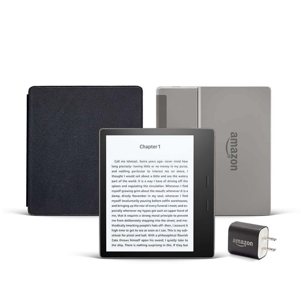 Kindle Oasis Essentials Bundle including Kindle Oasis (Graphite, Ad-Supported), Amazon Leather Cover, and Power Adapter