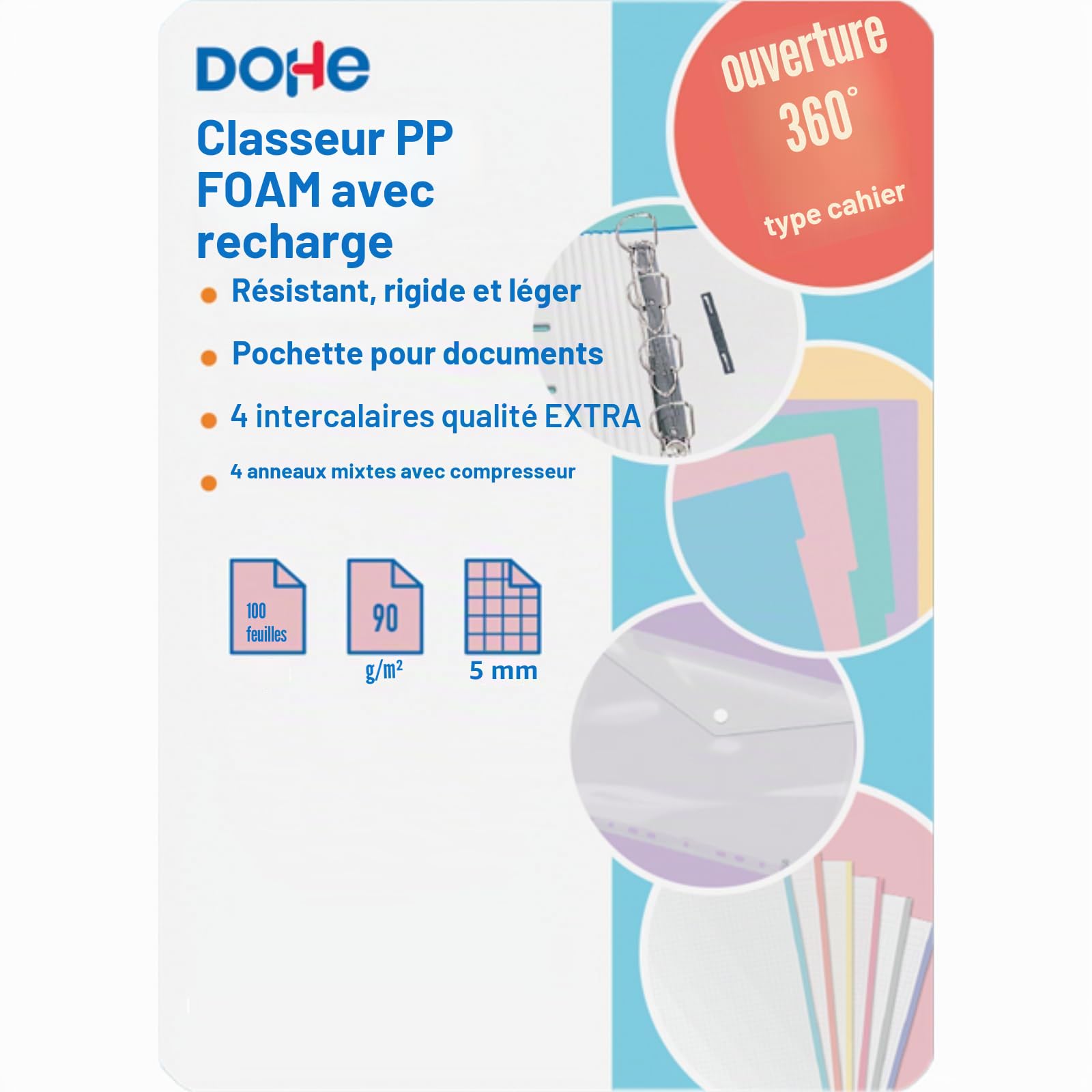Dohe - Classeur avec Recharges - 4 Anneaux Polyfoam, A4 (28x32 cm), 100 Feuilles à Carreaux, Doux, Résistant, Intercalaires Colorés, Pochette de Rangement Supplémentaire et Élastique - SERENITY Rose