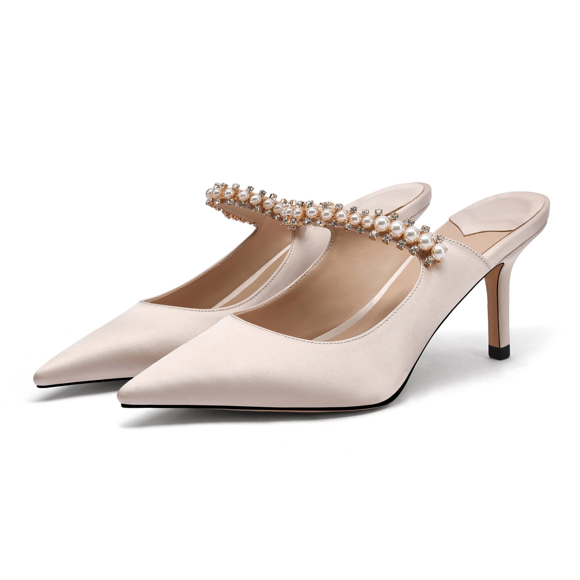 JANSEVEN Mules Flats For Women Closed Toe Flat Sandals With Rhinestone Pointy Slip On Patent Leather 4 Inches Bridal Wedding Shoes Sexy