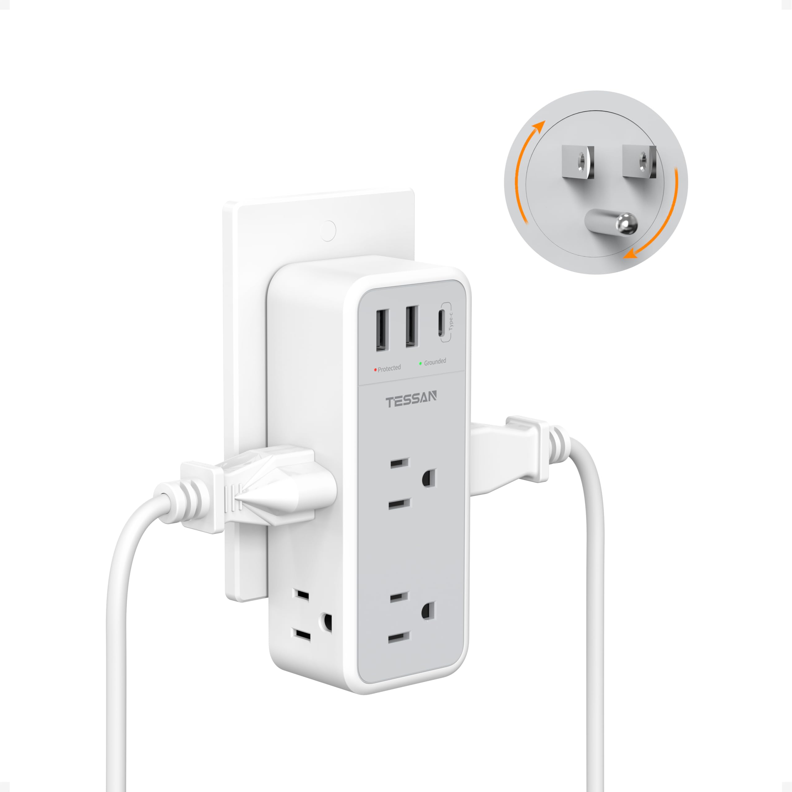 Multi Plug Wall Outlet Splitter with 360 Rotating Plug, TESSAN 1800J Surge Protector Outlet Extender with 6 AC and 3 USB Ports (1 USB C), 1875W, 3
