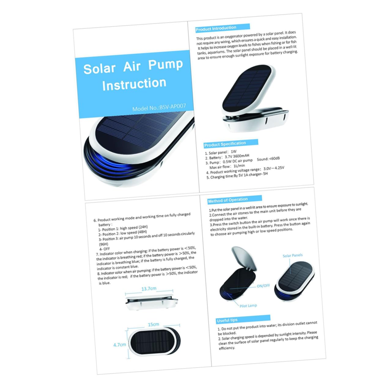 3-Stufen Solar Aquarium Sauerstoffpumpe, Tragbar, Schwarz