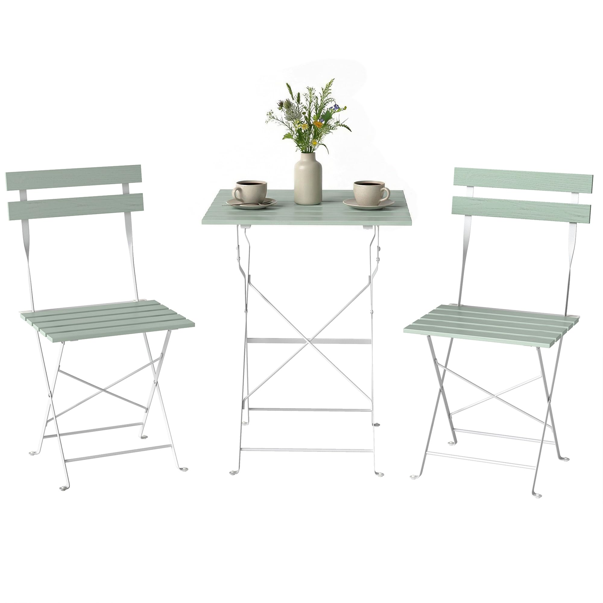 Outsunny 3 Pieces Folding Outdoor Bistro Set, Garden Bistro Set for 2 with 2 Chairs and Table, Solid Wood Top, for Garden, Patio, Balcony, White and Green