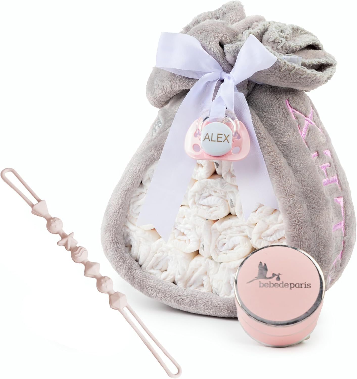 Cadeaux de Naissance | Gâteau de Couches avec Attache-Tétine en Tissu | Couverture Personnalisée + Tétine Personnalisée + 15 Couches Moltex | Baby Shower Garçon Fille (Rose) | BebeDeParis