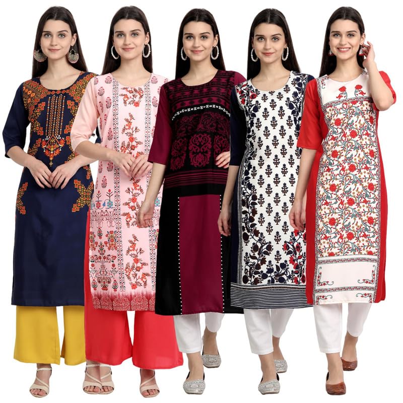 Image of Pinkmint Women's Printed Kurti for Women's Round Neck Straight Kurti for Women (Pack of 5 | Avaiable in Plus Size)