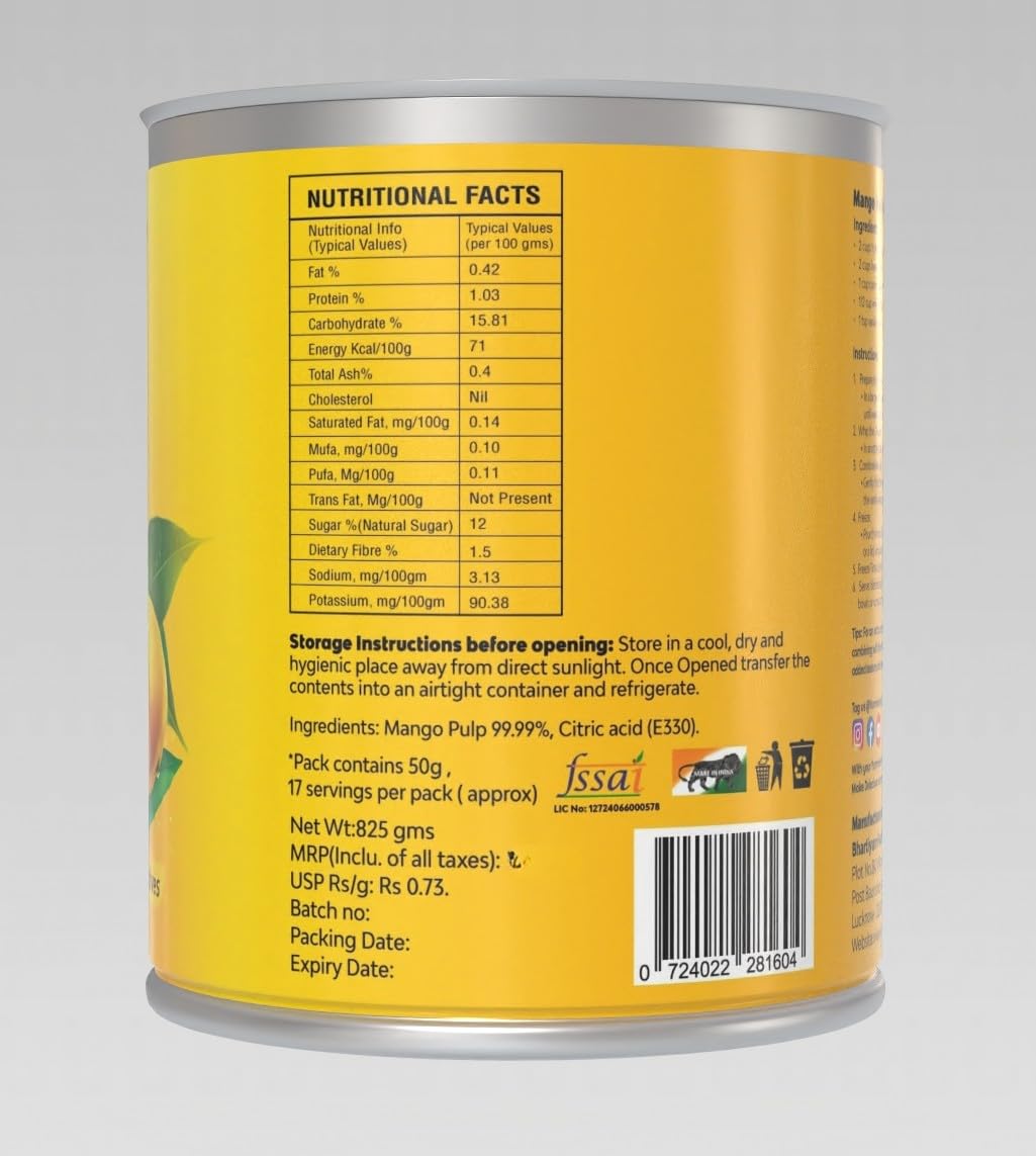 Yummients Pure Mango Pulp Unsweetened – 1.6kg (800g x 2 Cans) | No Added Sugar | 100% Natural Alphonso/Kesar Mango Puree | Ideal for Aamras, Juices & Desserts - Image 2 thumbnail