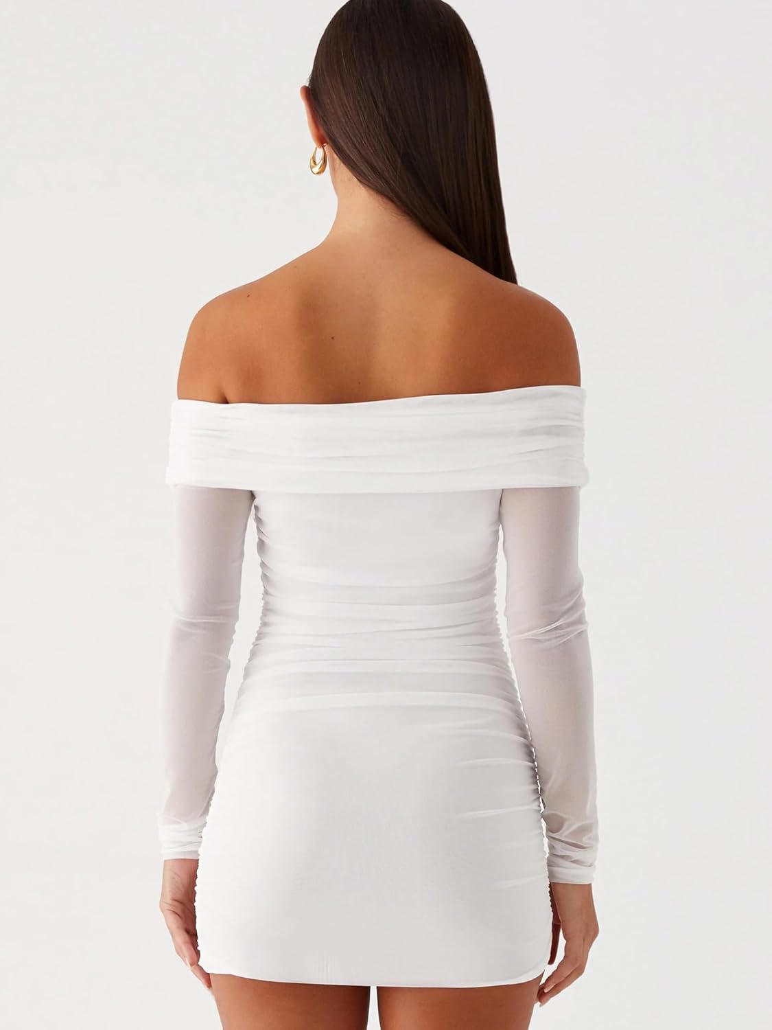 Mokoru Women's Sexy Elegant Off The Shoulder Mesh Long Sleeve Ruched Bodycon Cocktail Party Mini Dresses - Image 4