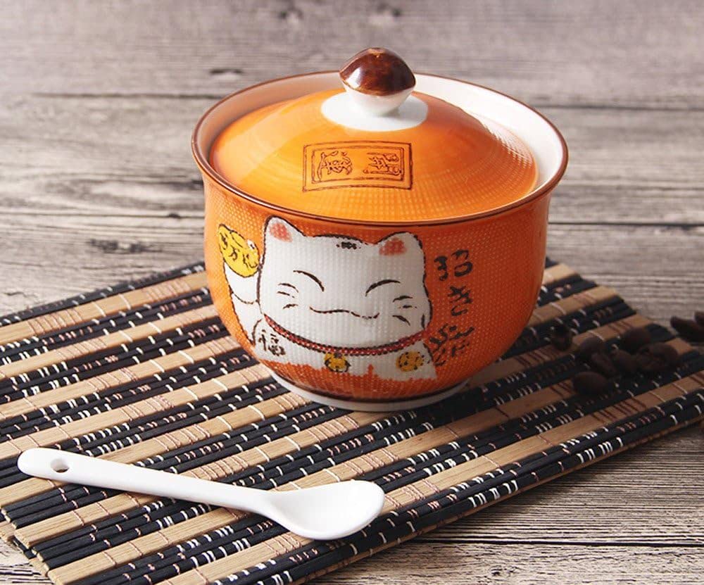 Keramik japanische Maneki Neko Lucky Cat Zucker Salz Pfeffer Vorratsdose mit Deckel und Löffel
