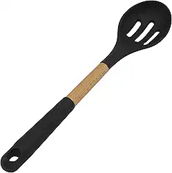 UTENSILIO DE SILICONE COM CABO DE MADEIRA - COLHER VAZADA PRETO CM48