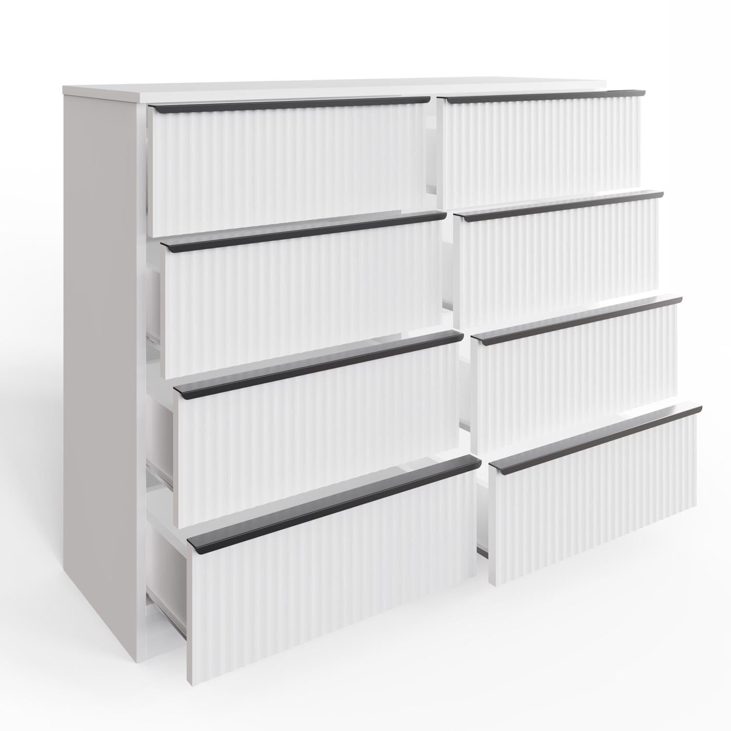 FWStyle White Matt Large 8 Drawer Chest with Ripple Design Drawer Fronts, W114 x H77 x D40cm