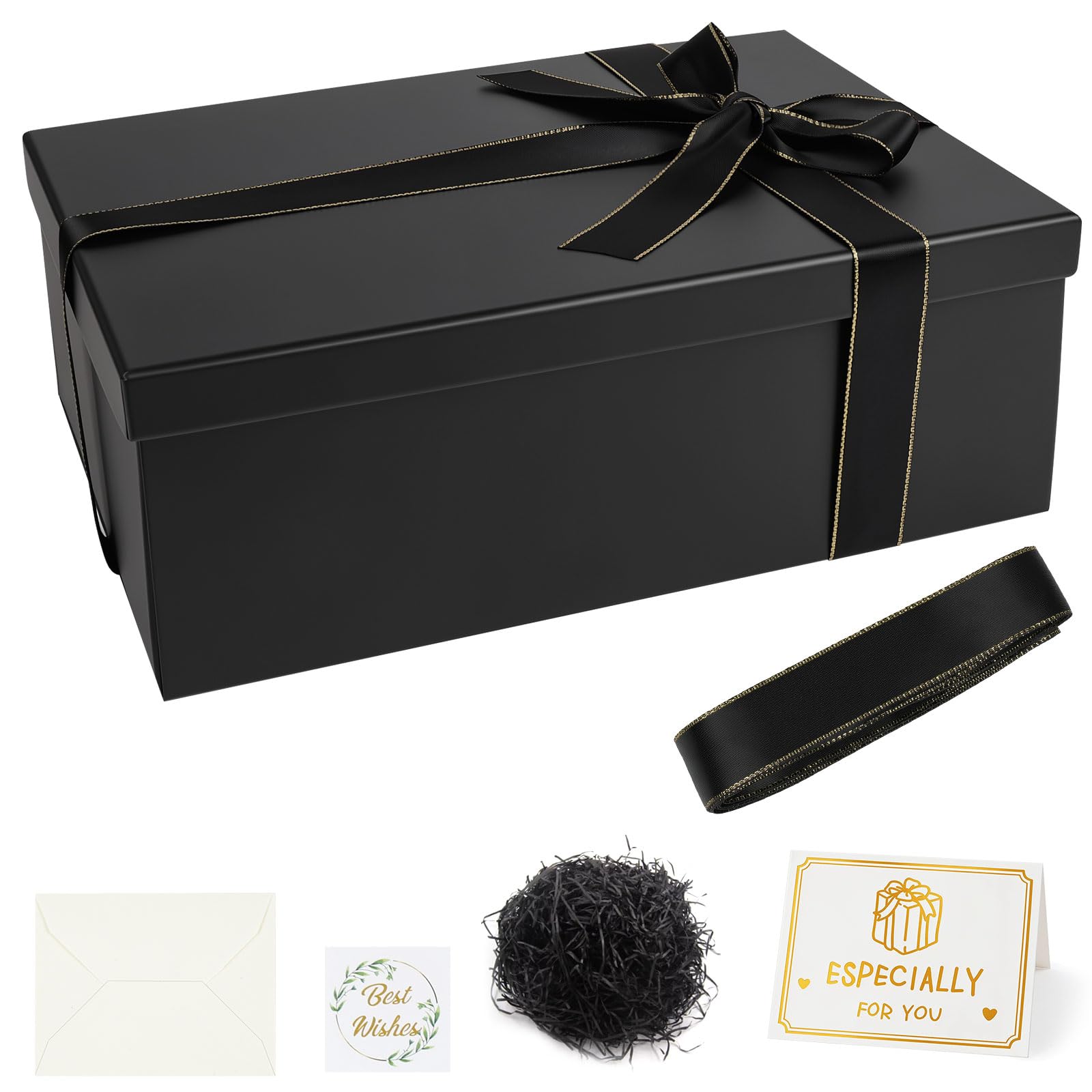 Alaoo Elegant Gift Box, 29×21×10.5cm Personalised Present Box, Gift Boxes With Ribbon Flat Design, Card, Raffia, Envelope for Christmas, Weddings, Birthdays, Black