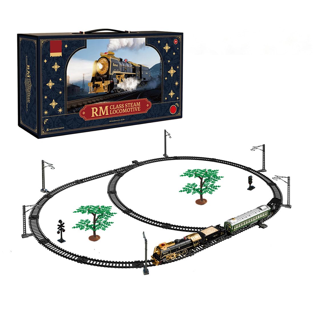 Set di modellini di treno a vapore elettrico con effetto fumo d'acqua, 3 carrozze e binario ovale, luci realistiche, suono e fischietto, avanti/indietro, modello locomotiva vintage per hobbisti