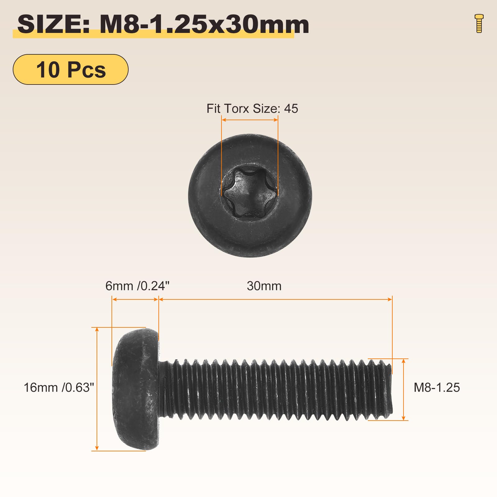 METALLIXITY Pan Head Torx Security Screws Bolts (M8-1.25x30mm) 10Pcs, Button Torx Head Machine Screws Carbon steel - Image 2