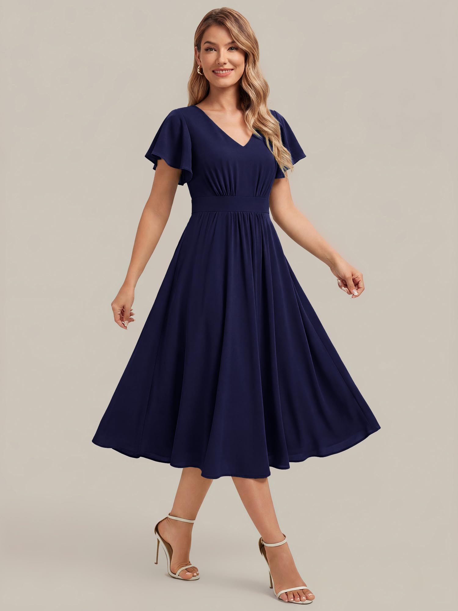 Ever-Pretty Robe Invitée Mariage Élégante Col V Manches Papillon Imprimé Floral Midi pour Soirées EG02744