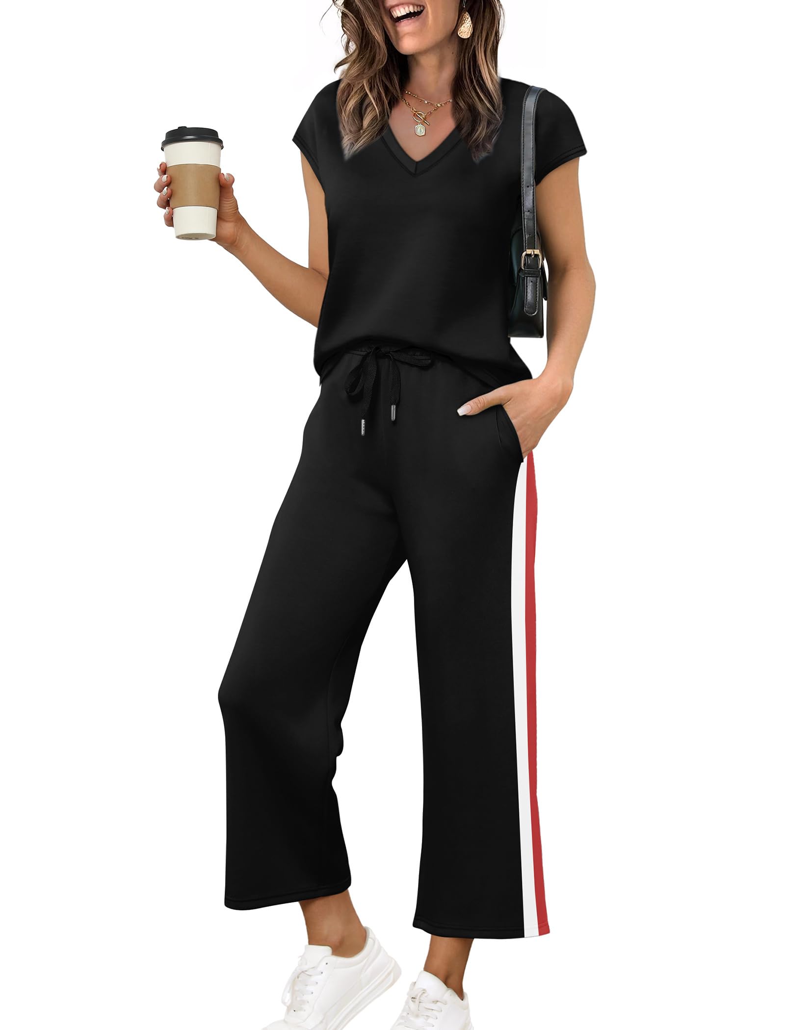 Photo 1 of 2XL Saloogoe Women Two Piece Sets 2026 Summer Lounge Matching Sets V Neck Top Tracksuit Wide Leg Pants Woman Lounge Set Cozy Travel Clothes Business Work Outfits Plus Size Spring Clothes 