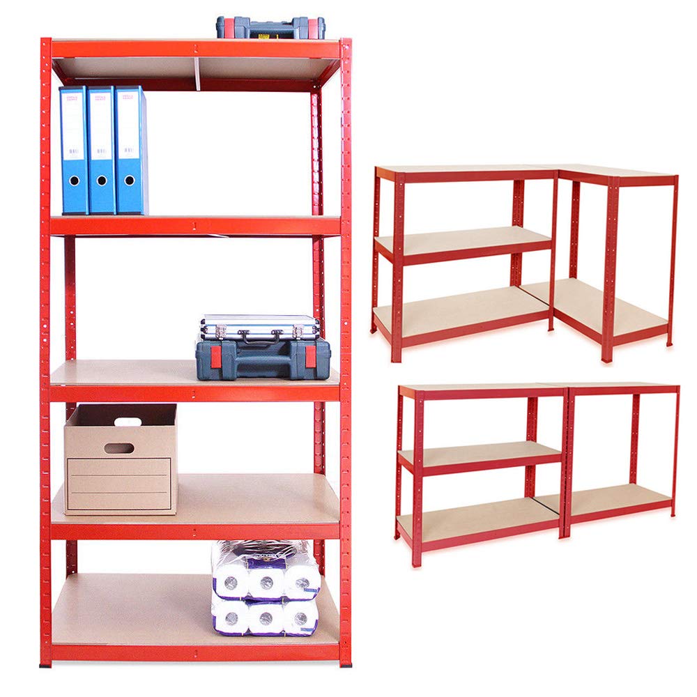 BRIEFNESS Shelving Unit for Garage Shed Storage, 5 Tier Shelf Unit, Boltless Racking, Free Standing Work Bench, Heavy Duty Metal and MDF Shelves, 875kg Capacity, H 150 x W 70 x D 30 Cm - Red
