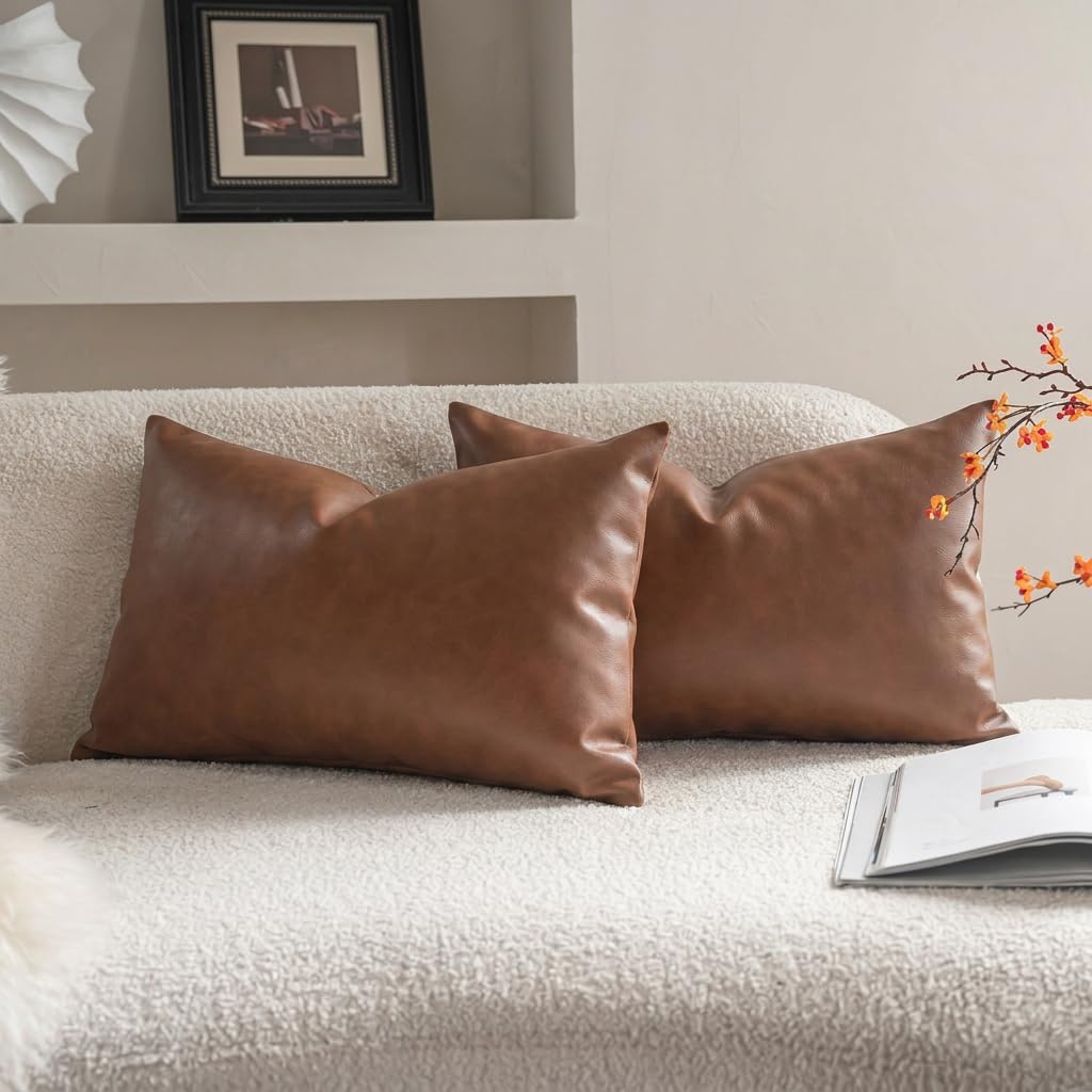 Neelvin Faux Leather Decorative Throw Pillow Covers Modern Solid 12x20 inch Set of 2 Pillowcase Cushion Case for Bed Sofa Couch Brown（No Edging）