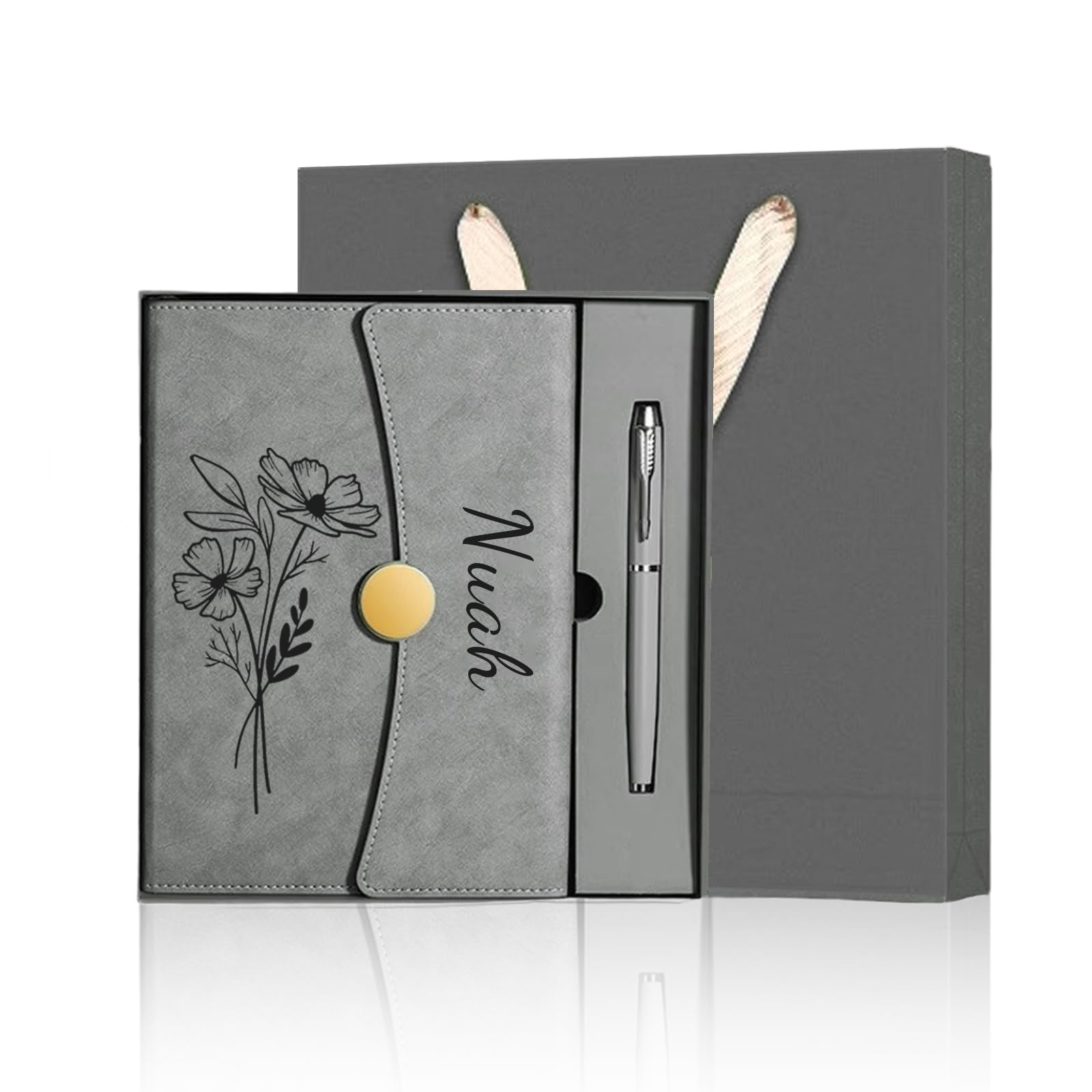 Personalized Notebook with Engraved Name & Birth Month Flowers โ Premium Faux Leather Classic Journal for Birthday, Graduation, Christmas, 200 Numbered Pages, 15 x 21 cm (Grey with gift box)