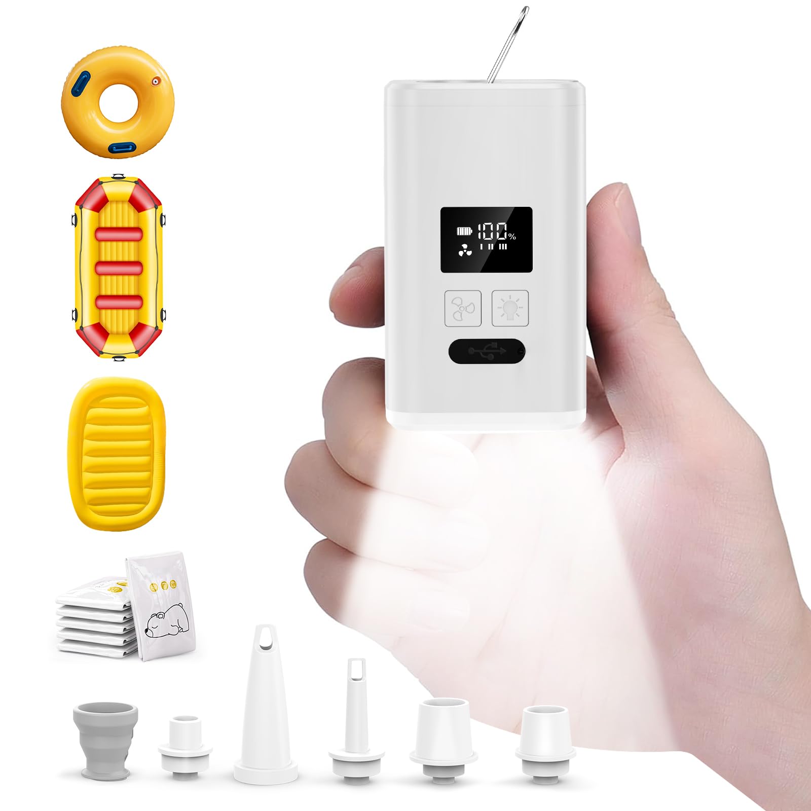Pompa ad aria portatile con batteria da 2000 mAh, pompa ad aria ricaricabile tramite USB, per gonfiare rapidamente materassi ad aria, giocattoli da piscina, galleggianti, salvagenti, letti ad