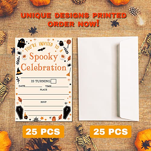 Deluxe Halloween Or Costume Party Invitations, 25 Fill-In Cards With Envelopes, Pumpkin, Ghost, Monster, Cute Trick Or Treat, Box Or Treat For Kids Birthday Or Adult Party - 4"X6" (Jrm346) #TOP2