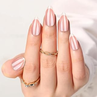 Press On Nails Short French Nails 30 Stück Nude Pink French Tip Press on Nails Mandel mit Klebelaschen Nagelfeile für Frauen Mädchen