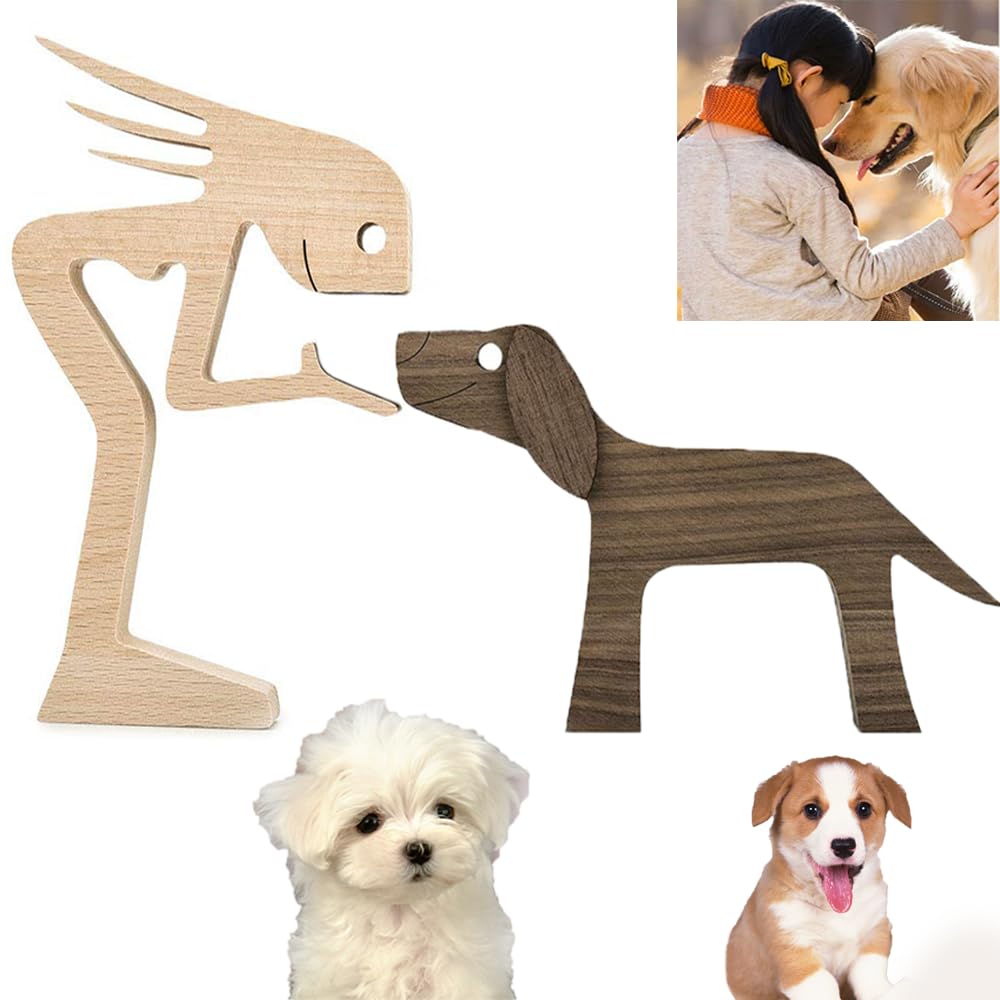 RHQFDM Wooden Girl and Dog Statue Handmade Pet Carvings Flat Figurine Creative Wooden Sculpture for Home Decor Living Room Ornament Craft Gift