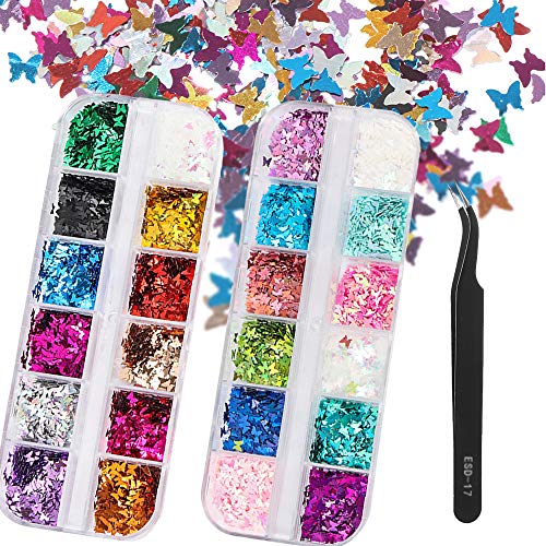 3D Butterfly Nail Art Sequins Glitter Kit, 24 Colors Holographic Sparkle Nail Glitter Flakes Paillettes, Iridescent Mermaid Nail Supplies for Acrylic Nail Art, Face Body Makeup, DIY Crafts Decoration