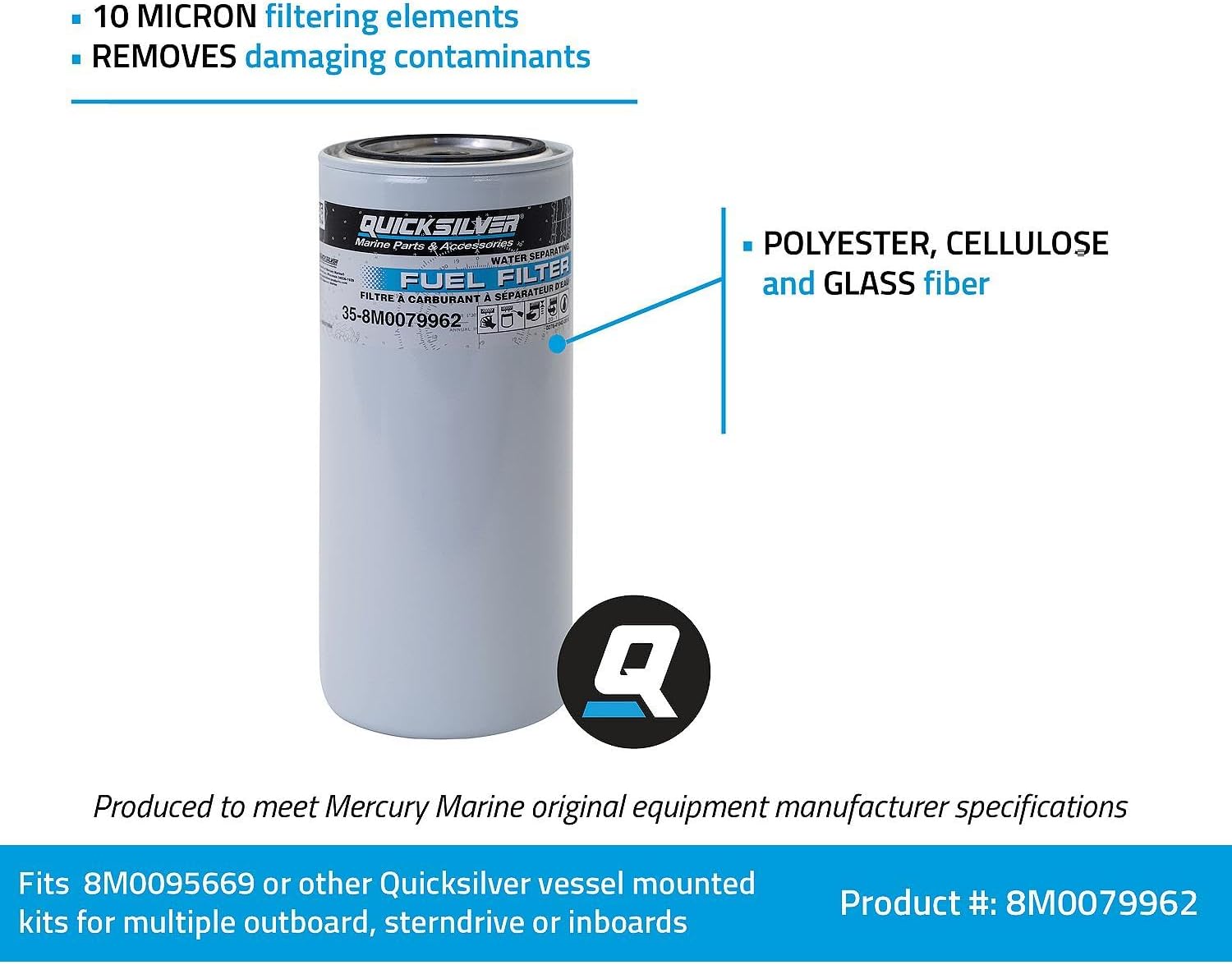 Quicksilver 8M0079962 High Capacity Water Separating Fuel Filter Element for Outboard or Sterndrive and Inboard Engines