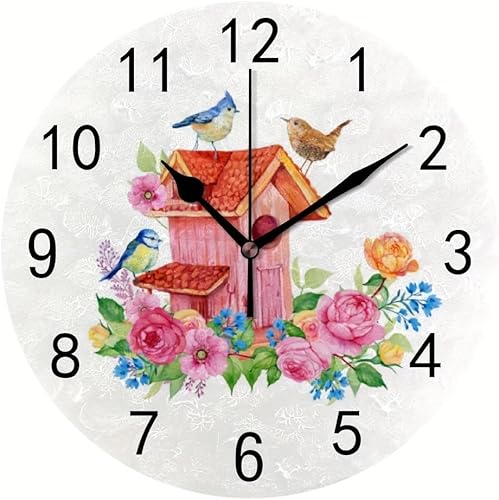 Miniatura 1 de Hapuxt Reloj de pared de PVC sin tictac, silencioso, granja, pájaro, flores, acuarela, redondo, funciona con pilas, decorativo para el hogar,