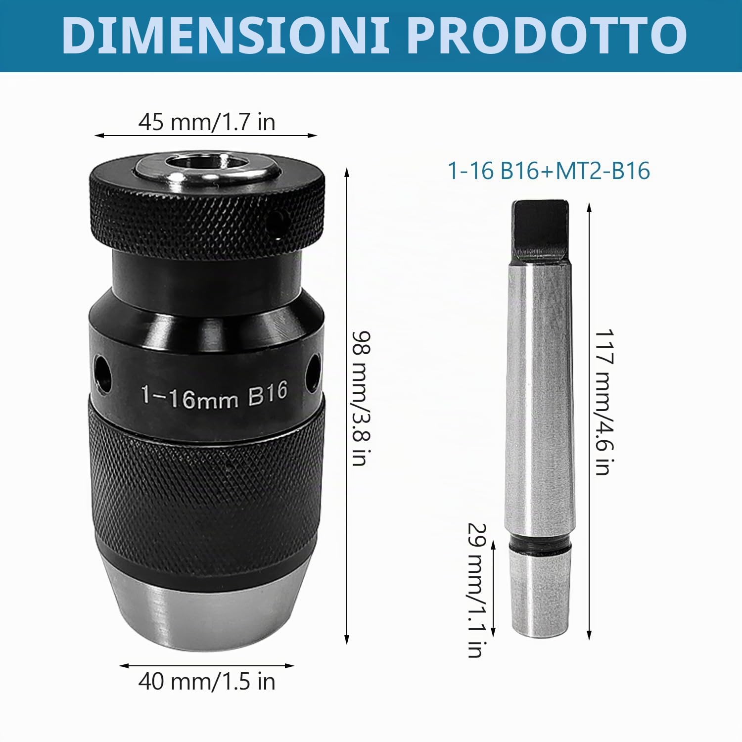 Mandrino per Trapano da 1-16 mm MK2 B16, Autoserrante in Acciaio per Trapano e Avvitatore, Accessorio per Macchine Portatili Resistente e Durevole, Adatto Anche per Torni