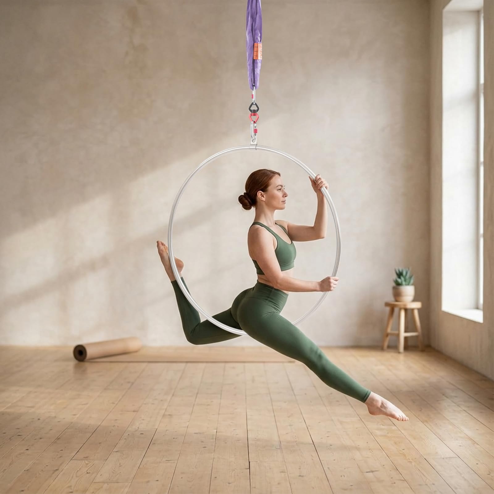 Aerial Hoop 95 cm aus Edelstahl, Einzelpunkt-Luftreifen mit 360° drehbarem Verbinder und Rundschlinge, für Yoga, Akrobatik & Zirkus, Silber+Lila