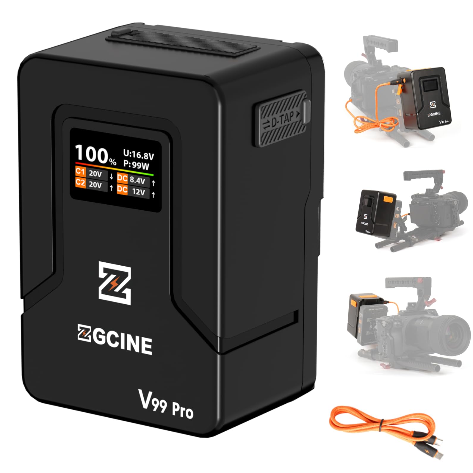 ZGCINE ZG-V99Pro V-Mount Akku 14.8V 99.9Wh 6400mAh PD USB-C 100W Schnellladung mit D-Tap BP USB-Anschlüssen für Kameras, Camcorder, LED-Leuchten, Monitore – Schwarz