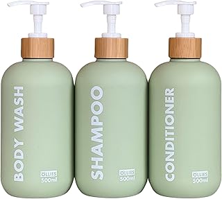 Shampoo and Conditioner Dispenser, Shower Soap Dispenser for Bathroom-Set of 3 with Permanent Stylish Label-17oz, 500ml Refillable Shampoo and Conditioner Bottles Green