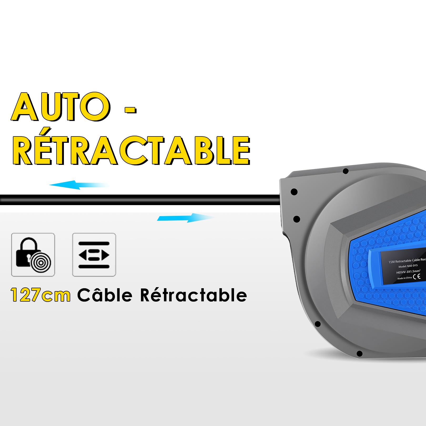 Professionnel Enrouleur de Câble Rétractable Automatique| 15m+1m Enrouleur de Câble Monté Au Mur et Au Plafond| 180° Câble Rotatif à | Pour l'intérieur et l'extérieur| 1500-3000W