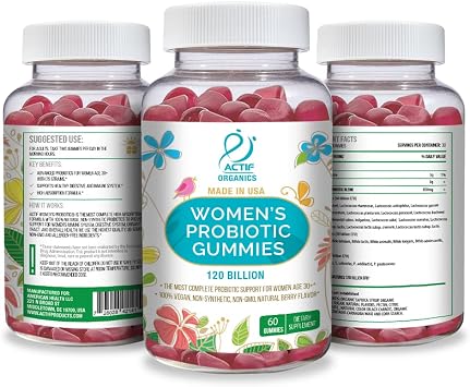 ACTIF Womens Probiotic Gummies Maximum Strength with 120 Billion CFU and 25 Strains, Immunity and Gut Support, 100% Vegan Non-Synthetic Formula - Made in The USA, 60 Gummies, Strawberry Flavor