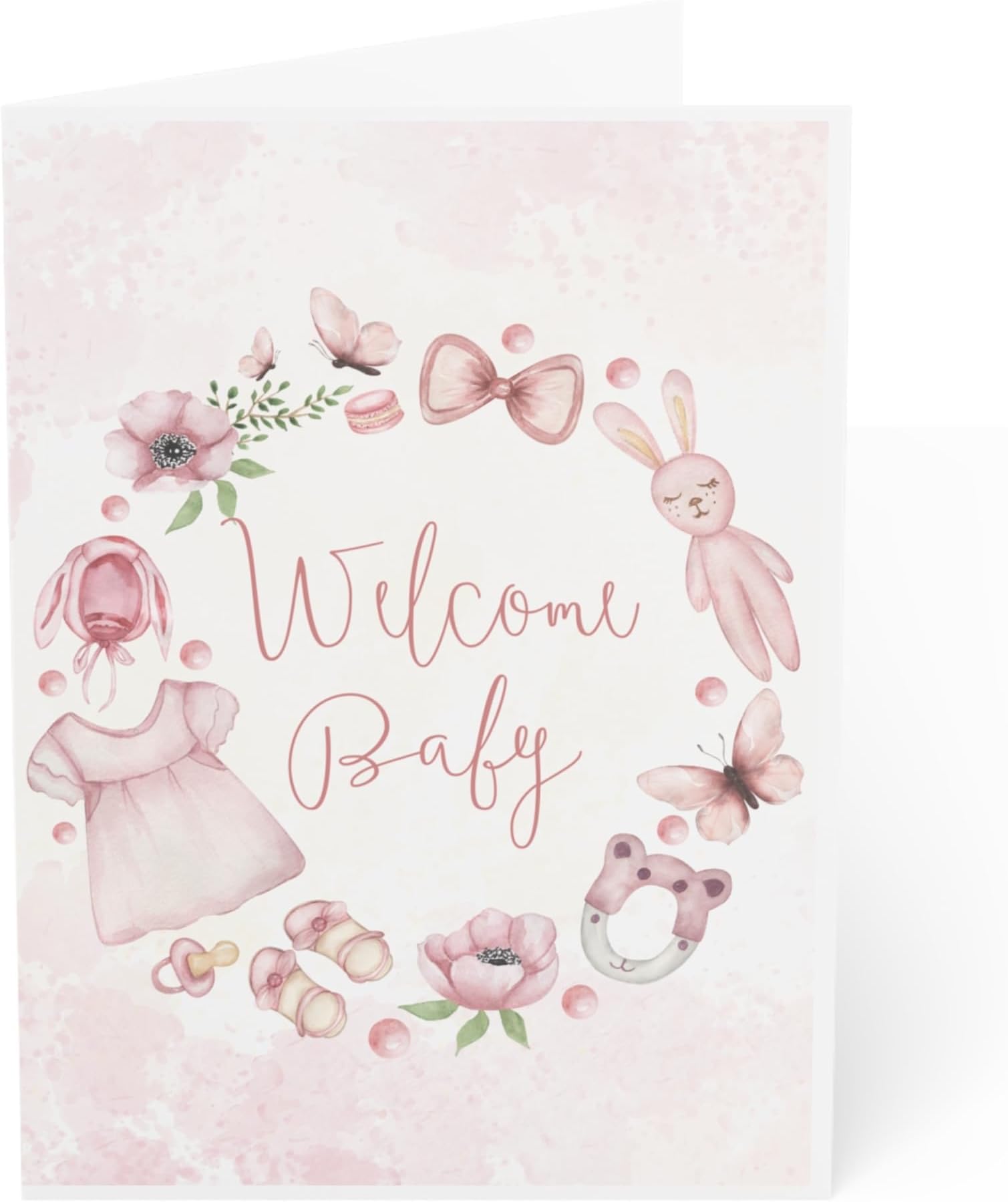 J&J'S TOYSCAPE Welcome Baby Girl Card, Birth Announcement Greeting Card for Newborn Daughter, 5 x 7, Blank Inside, With Envelope (Cute Wreath)