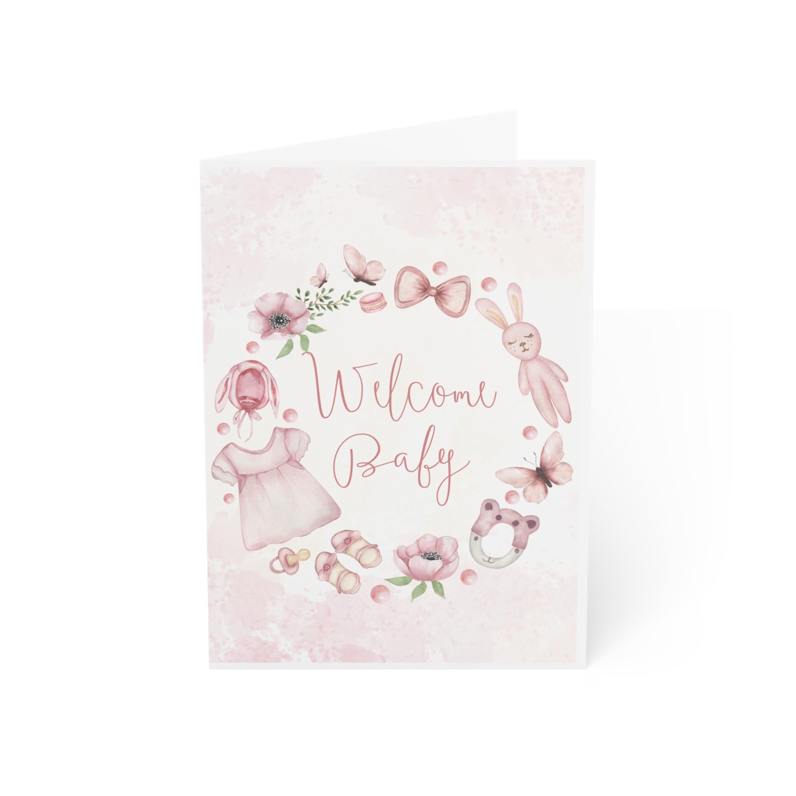 J&J'S TOYSCAPE Welcome Baby Girl Card, Birth Announcement Greeting Card for Newborn Daughter, 5 x 7, Blank Inside, With Envelope (Cute Wreath)