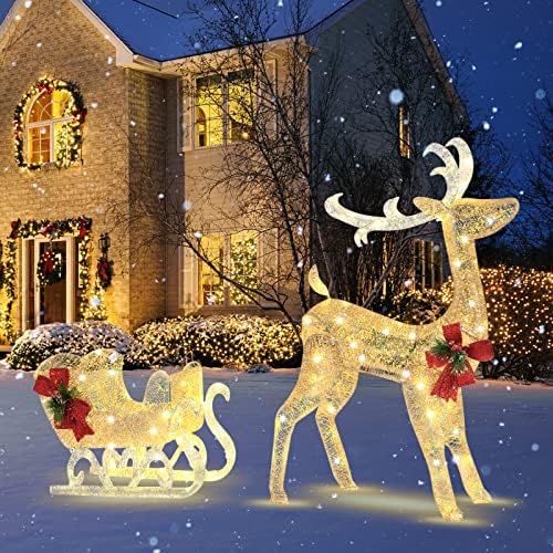 GOPLUS LED-Rentier mit Schlitten, 122cm Weihnachtsfiguren mit 100...