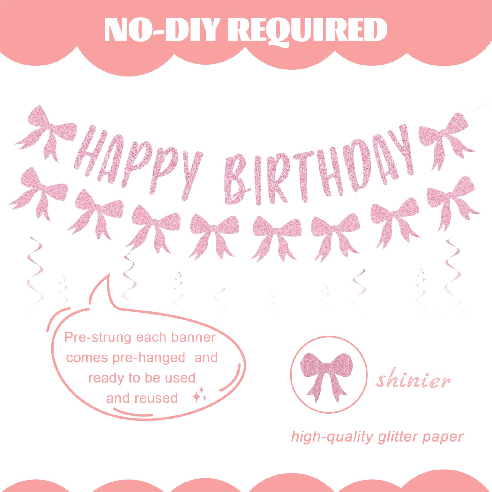 Rosa Schleifen Party-Dekoration Set – Inkl. Girlande, Banner, Wirbel & Cupcake-Topper Für Mädchengeburtstag