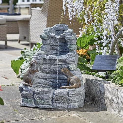 Festive Lights - 54cm Hybrid Otters Falls Solar Water Feature with Backup Battery - Stone-Effect Polyresin, IP44 Rated, Outdoor Garden Fountain - Recirculating Pump, Wall or Ground Mountable Panel