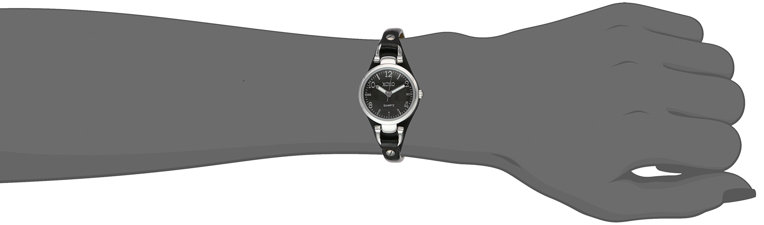 XOXO XO3396 Reloj plateado con correa de piel sintética negra para mujer, Movimiento de cuarzo 2