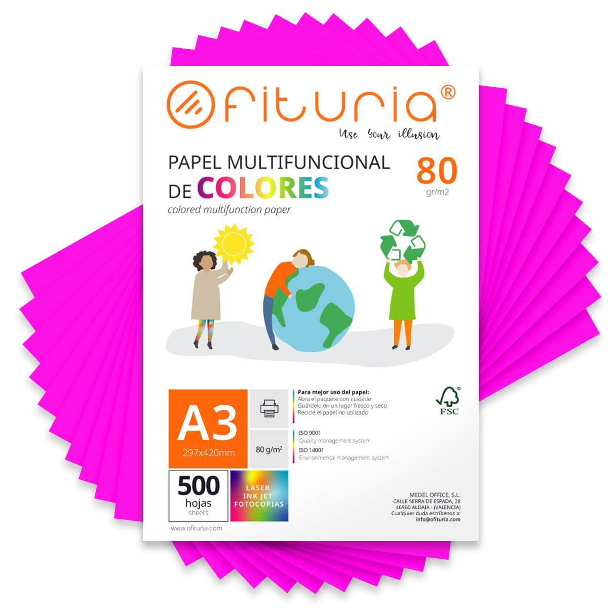 Coloured Sheets, Pack 500 Sheets A3 80 g – Coloured Paper for Crafts, Printer, Scrapbooking – Folios Colours – Ideal Origami, Papiroflexia, Office and School (Fluorescent Pink, 500h)