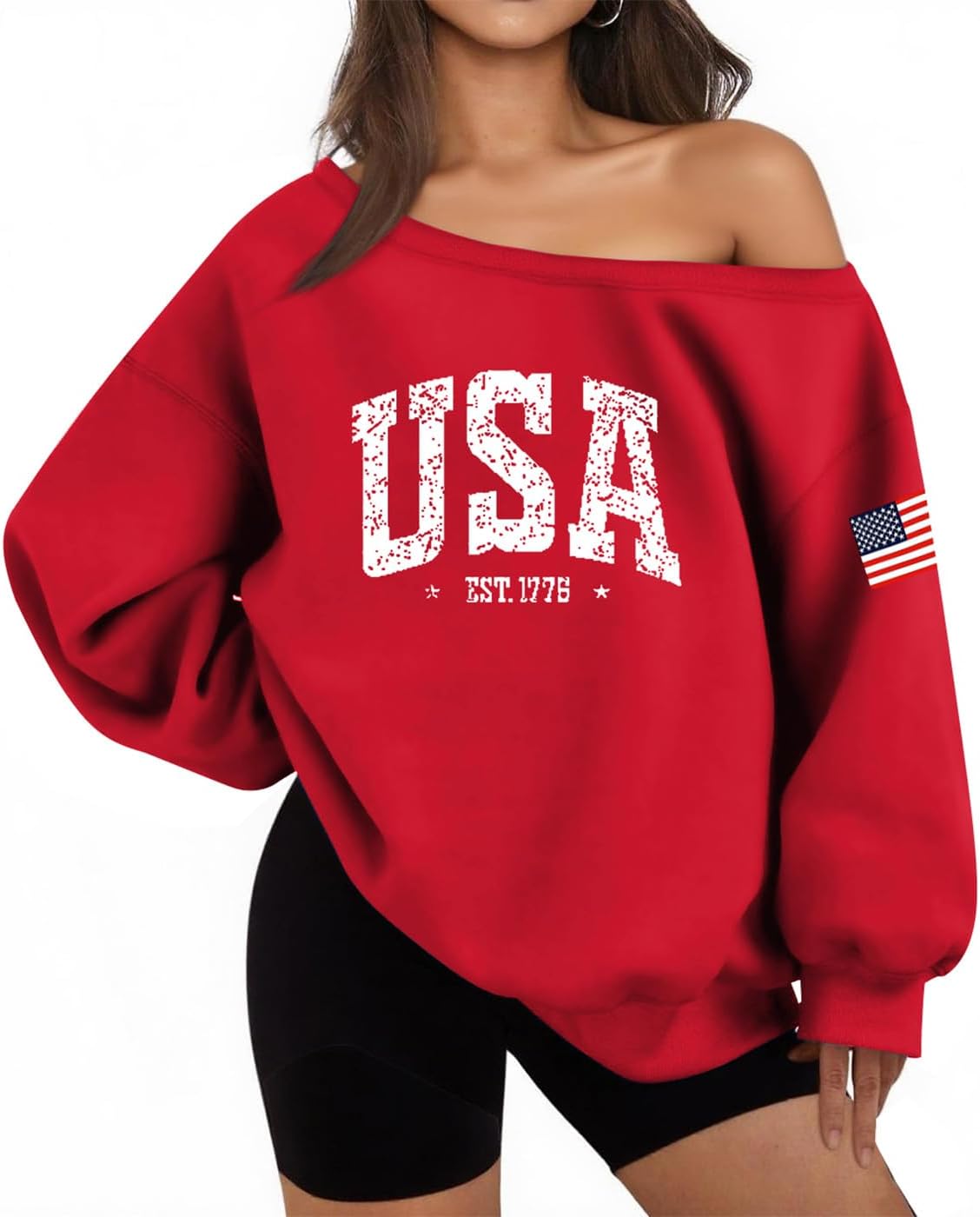 Lacozy USA Sweatshirt for Women Oversized Off the Shoulder Sweater Fleece Lined Long Sleeve Hoodie 4th of July Outfits - Image 2